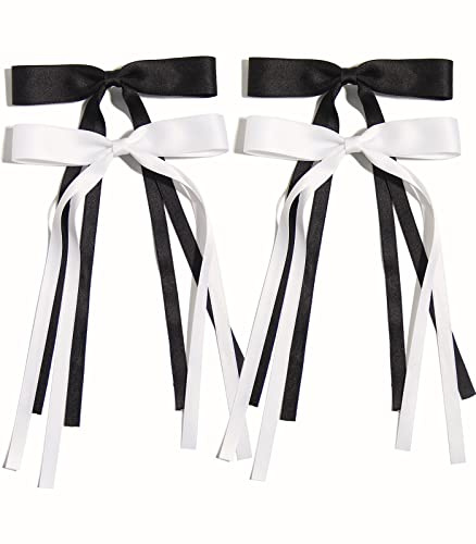 LFOUVRE 4pcs Hair Clips for Women Tassel Ribbon Bowknot with Long Tail, Clip Girl, Solid Accessories Barrettes Claw Bow (Black White), Pack of 1,4 Count