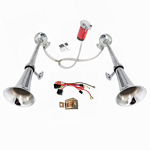 YIYIDA Lufthupe LKW Hupe 24V Auto Hupe Doppelrohr Zink Chrom Silber 170db Car Horn Lufthörner roter Luftpumpe erklingen Lautsprecher Air Horn für 24V Auto LKW Moto SUV usw