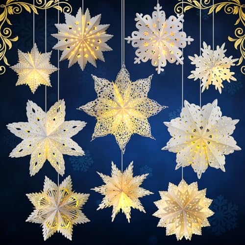 Mudder 10 Stück Schneeflocke Papier Laterne Papier Stern Laterne mit 14 LED Licht Papier Lampe Frozen Party Hängende Dekoration für Weihnachten Hochzeiten Neujahr Geburtstag Urlaub Feier, Weiß