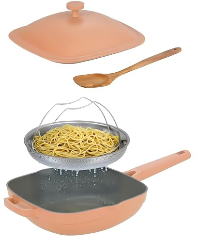 Padella in ceramica antiaderente con vapore, padella profonda non tossica con spatola, PFOA, PFOS, piombo e cadmio, lavabile in lavastoviglie, 4 Qt, 28 cm, terracotta, tutto in una padella, pentole in
