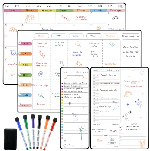 POPRUN Pizarra Calendario Magnetico Nevera,Magnetica Planificador Mensual+Organizador Semanal+Planificación Diario+ Lista de Tareas,Familiar Pizarra Calendario Borrables en Seco,4 Piezas - en Español