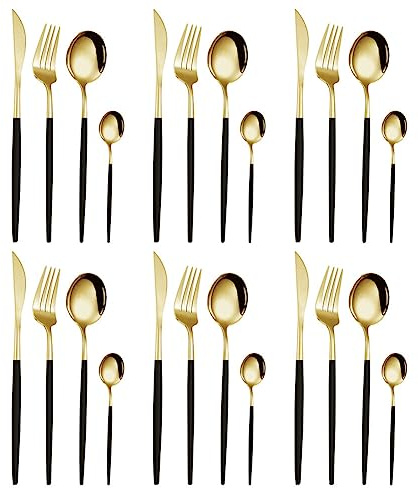 Couverts de Table en Acier Inoxydable, Lot de 24 Ensemble d'ustensiles Avec Couteau à Steak, Fourchette et Cuillère, Set de Couverts pour 6 Personnes avec Boîte, Cadeau de Noël (Or Noir)