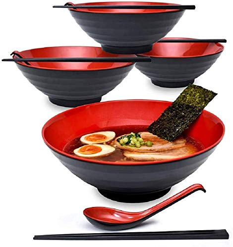 Lot de 4 grands bols à soupe japonais en mélamine en plastique dur avec cuillère et baguettes assorties pour Udon Soba Pho Noodles asiatiques, noir, 9 pouces, rouge