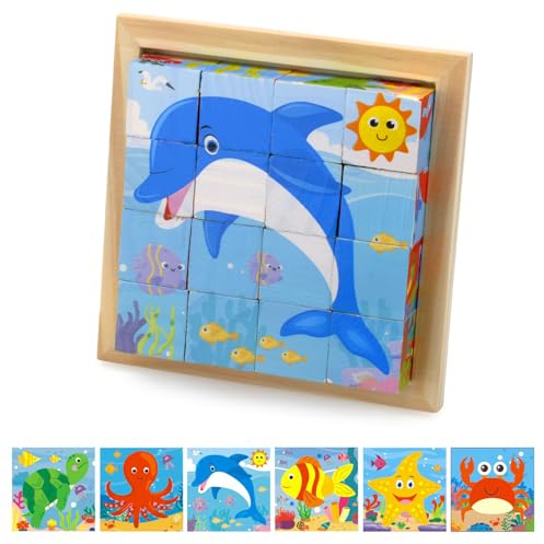 BRISKORE Würfelpuzzle Holz, Holzpuzzle 3D,Würfelpuzzle Puzzlespiele 6 in 1 Tier-Motive für Kinder,Montessori Spielzeug,lernendes pädagogisches Holzpuzzle-Spielzeug,Geschenkidee für Kinder