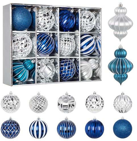 Hollyone 10CM 16CM Large Christmas Baubles, 12PCS Blue & Silver Baubles for Xmas Tree Decorations, Giant Christmas Balls Xmas Hanging Ornaments for Wedding Party Table Tree Decor