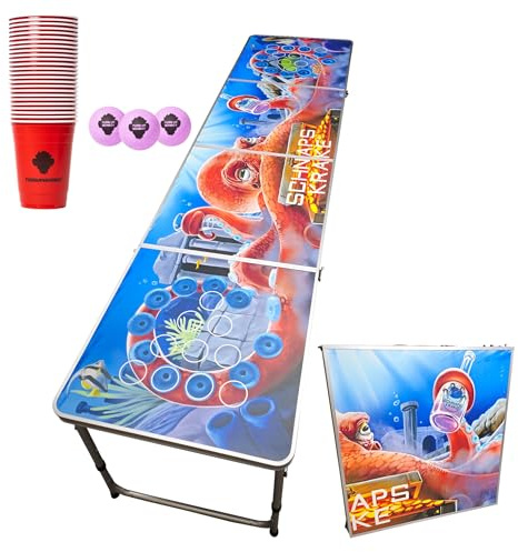 Schnapskrake ® - Partyspiel Tisch inkl. Becher und Bälle - außergewöhnliches Design - Klappbarer Tisch mit Tragegriffen - Offizielle Spielmaße - Wasserfeste Oberfläche (Schnapskrake)