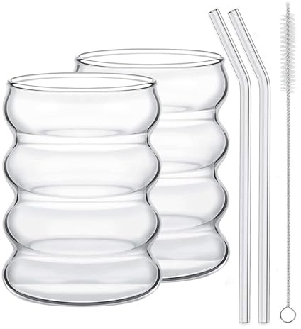 Lot de 2/4 Verres à Boire avec Pailles en Verre, Verres à Café Glacés Nervurés Créatifs, Verres à Bulles en Forme Ondulée Claire, Ensemble de Verrerie Vintage pour Cocktail, Soda,(2 pièces)