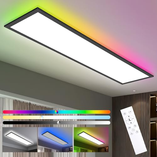 Oraymin LED Panel Deckenleuchte Dimmbar mit Fernbedienung 120x30CM Schwarz, 40W 4800LM RGB Deckenlampe Farbwechsel, 3000K-6500K Ultra Dünn Panel für Wohnzimmer Kinderzimmer schlafzimmer