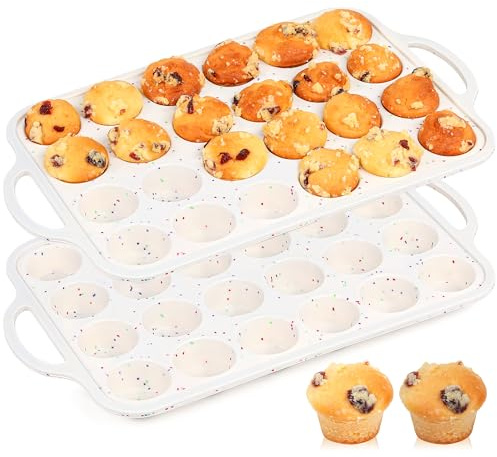 AOTASO 2 Pcs Mini Muffin Pans with Metal Reinforced Frame, 24 Cups Nonstick Silicone Cupcake Tray for Baking, Food Grade Small Muffin Molds with Handles (Cream)