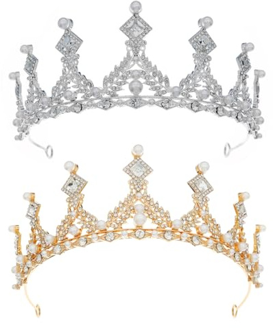 2 PCS Pearl Crystal Wedding Crown for Women,Rhinestone Headband Crystal Pearls Tiara Crowns for Bride Birthday Drama Cosplay Prom