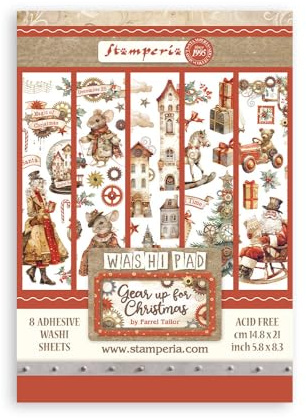 Stamperia - Washi Pad para Álbumes, Tarjetas, Bullet Journals y Más - Translúcido, Fácil de Cortar, Libre de Ácido - Ideal para Hobbies, Manualidades y Regalos (Gear up for Christmas) (A5) (8 Hojas)