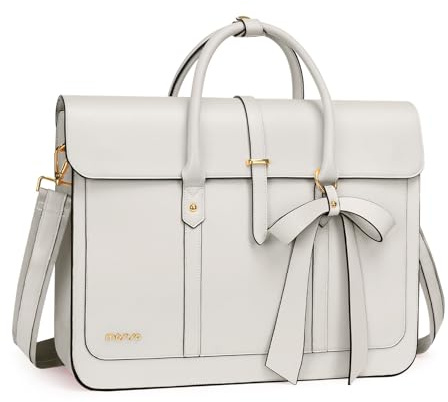MOSISO Laptoptasche Damen 13-14 Zoll, PU Leder Handtasche Schultasche | Aktentasche Arbeitstasche Uni Tasche Büro Reisen Schultertasche Umrüstbar auf Rucksack mit Schleifenknoten, Beige