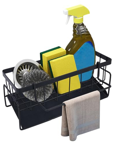 Luabue Kitchen Sink Organizer with Self-Draining Drain Tray & Towel Rack, Metal Sink Caddy Sponge Holder for Kitchen Bathroom Washbasin Countertop (Black)