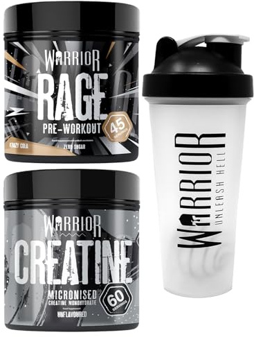 Bundle Warrior Rage Pre-Workout 392g + Creatine Monohydrate Powder 300g + Shaker 600ml - Improve Physical Performance and Recovery (Krazy Cola)