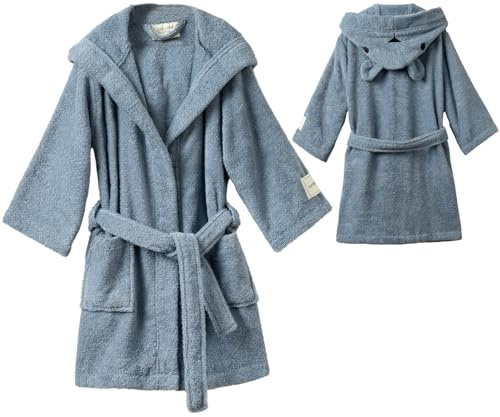 PandaHome L & G Bademantel Kinder, Kinderbademantel für Jungen und Mädchen aus 100% Baumwolle, Morgenmantel mit Kapuze, Schnelltrocknend Weich Saugstark Bademäntel 400 g/m² (Taubenblau, 5-6 Jahre)