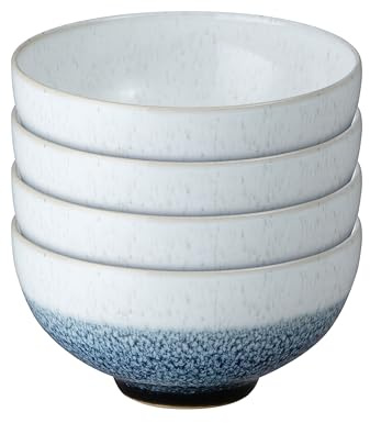 Denby - Kiln Blue Set of 4 Rice Bowls - 480ml Capacity - Dishwasher & Microwave Safe Ceramic Crockery - Reactive Glaze Bowls for Soup, Rice, Cereal - Chip & Crack Resistant Stoneware - L13xW13xH6.5cm