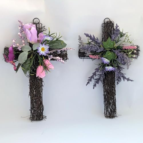 Decorative Cross with Artificial Flowers, 2-Pack, Pink Tulips and Purple Lavender, Memorial Grave Tribute