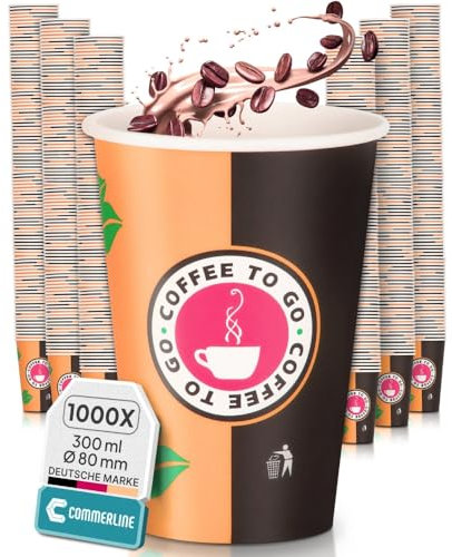 Commerline Lot de 1000 Gobelets à Café en Carton à Emporter de 300 ml - Slim - Grand Diamètre de 80 cm - Vaisselle Jetable pour Café et Thé - Gobelets en Papier pour Boissons Chaudes et Froides