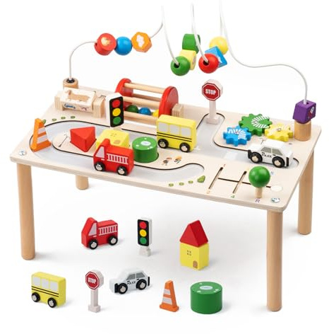 FMSKS 7-in-1 Montessori Aktivitätstisch aus Holz mit Formensortierer & Lernuhr, Motorikspielzeug ab 3 Jahre, Lernspielzeug Geschenk für Jungen Mädchen zum Geburtstag