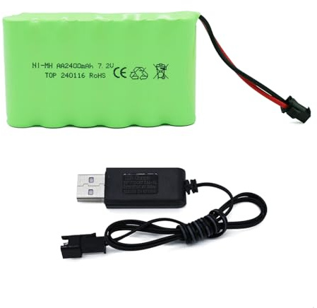 Tosiicop Batteria RC da 7,2 V, 2400 mAh, AA NiMH, ricaricabile, per auto, radiocomandata, batteria ricaricabile, con spina SM-2P e cavo di ricarica USB per camion, auto, barca, ad alta velocità