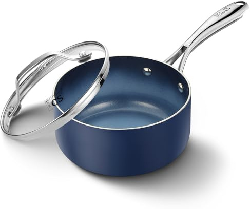 KOCH SYSTEME CS Nonstick Sauce Pan with Lid, 1 Quart Saucepan with Lid, 1 QT Nonstick Ceramic Small Sauce Pan with Stainless Steel Handle, Non-Toxic Ceramic Saucepan, Oven Safe, Gradient Blue
