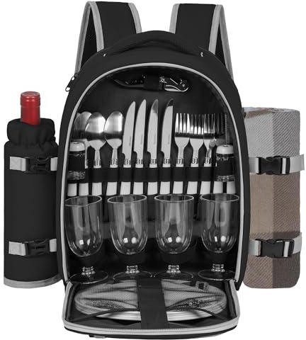 FREEAMG Zaino da picnic per 4 persone con scomparto refrigerante isolato e impermeabile, borsa da picnic con set e coperta, per spiaggia, campeggio, escursionismo (nero)