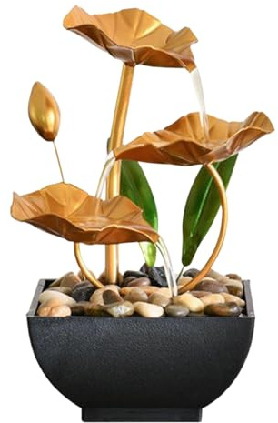 Fuente de agua de mesa, alimentada por USB, diseño moderno, plástico de hierro con bomba de guijarros de flores de metal, decoración interior de oficina y hogar