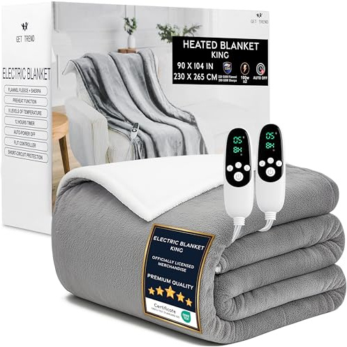 Get Trend Electric Blanket 230x265 cm, King Size Soft Luxurious Sherpa Fleece Heated Blanket, 9 Heat Settings 12H Auto-Off Timer & Overheat Protection (Light Grey, King UK)