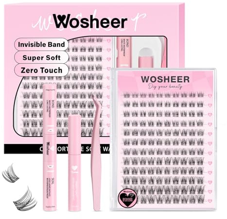 Wosheer Cluster Lashes Kit Lashes Individual Cluster Kit Natural Lashes Wispy Lash Clusters with Bond and Seal & Remover D Curvature DIY Lash Extensions (8-16MM, Rougee Kit)
