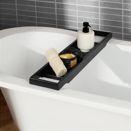 OHS Wooden Black Bath Tray, Bath Trays for Across the Bath Home Spa Board for Adults Bamboo Bathtub Tray Wooden Bathroom Accessories Caddy Trays Baths Rack for Candles Wine Glass Accessories
