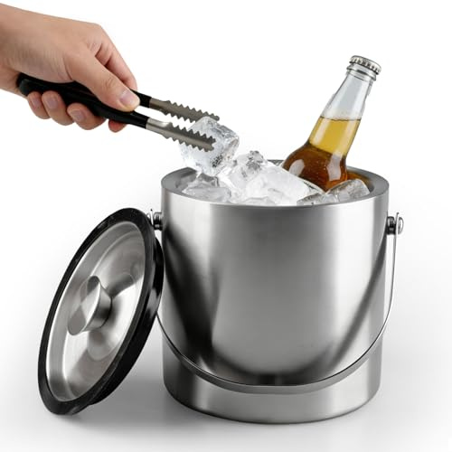 Hocadrv Eiskübel mit Deckel 2L Edelstahl Eiskübel Eiswürfelbehälter Eisbehälter Eiswürfelkühler mit Eiswürfelzange Eiswürfelkübel für Eiswürfel Aufbewahrung Champagner Partys
