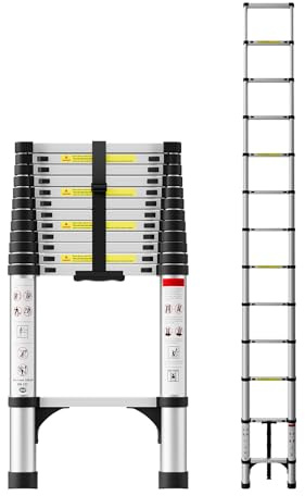 SEEKNEW Telescoping Ladder 12.5 FT,CE ANSI Certified Aluminum Extension Ladder with 2 Triangular Stabilizers,330 lbs Max Capacity Multi-Purpose Portable Collapsible Ladder for RV,Outdoor Work Silver