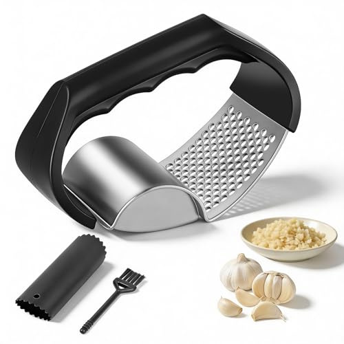 MOXYOY Garlic Press Rocker 2-in-1 Stainless Steel Garlic Crusher Kitchen Food Gadget Ginger Crusher Grater Chopper for Slicing, Chopping and Making Mashed Potatoes