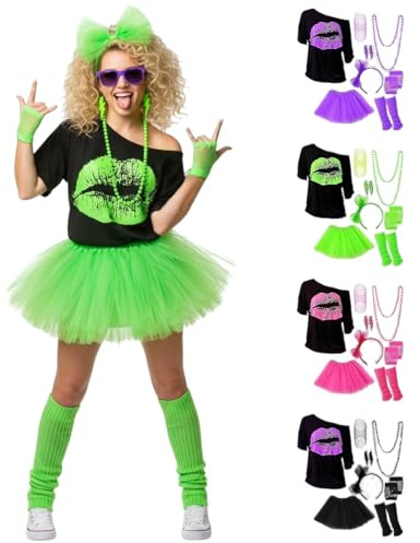 Déguisement Année 80 Femme Tenue Disco Fluo - Set 18 Pièces Costume Adulte avec T-Shirt Lèvres Tutu Rose & Accessoires Néon - Set Complet Jambières Gants Résille pour Carnaval Soirée à Thème