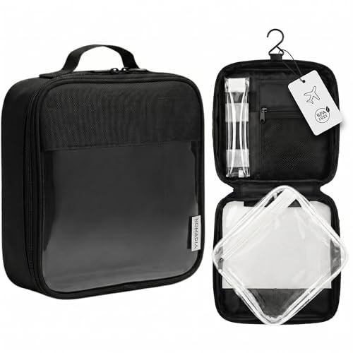 NOMADIA® Trousse de Toilette Homme & Trousse cosmétique Voyage avec Pochette TSA 1L Amovible (TPU sans BPA) – Trousse Suspendue 2‑en‑1 pour Bagage Cabine, liquides & Soins