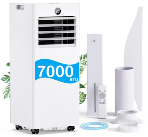 Climatiseur Mobile, Silencieux, 7000 BTU, Climatiseur Portable avec Kit Fenêtre, Refroidissement/Ventilation/Déshumidification/Mode Sommeil 4 en 1, Télécommande, Minuterie 24h, Idéal Chambre et Bureau