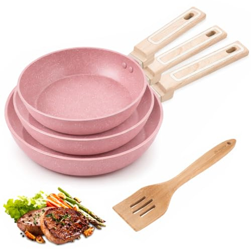 Family Pack 3 Sartenes de Aluminio Antiadherente 24+26+30 cm + Espátula de Bambú (30,5 x 6,5 cm), Revestimiento Duradero, Apta para Todo Tipo de Cocinas, Fácil de Limpiar, Rosa