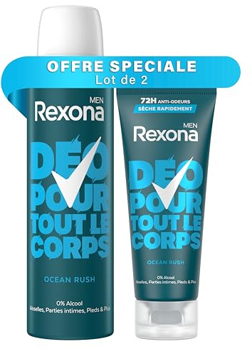Lot de 2 Déodorants Homme pour Tout le Corps Rexona Men - 72h de Protection - Ocean Rush - 1 Spray 150ml & 1 Crème 75ml
