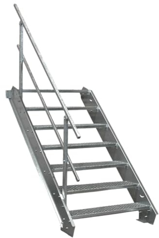 7 Stufen Stahltreppe mit einseitigem Geländer/Breite 60cm Geschosshöhe 100-140cm / Robuste Außentreppe/Wangentreppe/Stabile Industrietreppe für den Außenbereich/Inklusive Zubehör