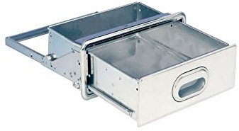 Mehrzweckschublade aus Edelstahl – Optional: – Höhe hell: 130 mm – Breite hell: 347 mm – Tiefe außen: 405 mm – Nutztiefe 390 mm. PRIOLINOX