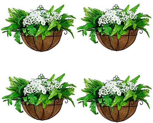 NUPTIO 4 Pcs Wall Mount Planter Wall Hanging Pots for Plants - Outdoor Hanging Flower Pots with Basket Liners for Porch, Patio, Back Yard, Wedding