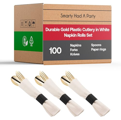 Plastic Silverware Set – Disposable Gold Cutlery with Pre-Rolled Napkin Set – Fancy Forks, Spoons, Knives & Dinner Napkins – Bulk Party Supplies Catering Utensil for Wedding, Birthday & All Occasions
