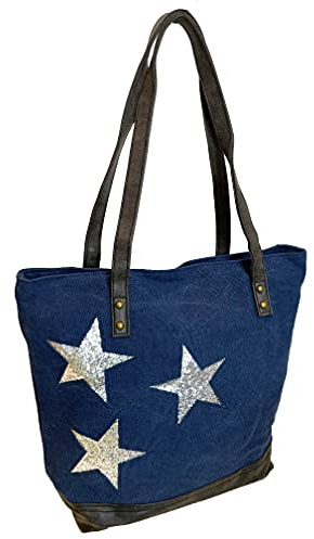 STERN Star Damen Tasche Canvas Stoff Fashion Shopper Henkeltasche Schultertasche (Blau)