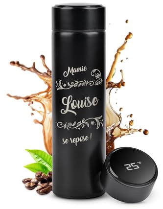 Maverton Tasse thermo avec gravure, Bouteille isotherme 450 ml Noir | Tasse avec Afficheur LED, Cadeau Femme, Cadeau Anniversaire Femme, pour mamie, Mug à personnaliser, repos