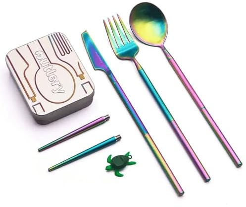 Outlery Full Set | Portable & Reusable Stainless Steel Travel Cutlery Set and Reusable Chopsticks with Case for Camping, Picnic, Office and On-The-Go (Pocket Sized Flatware Set) (Rainbow)