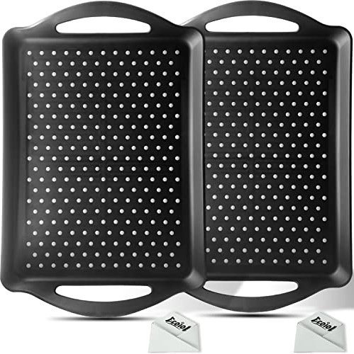ECOIOU Non Slip Food Serving Tray with Handles, 2-Pack Rectangle Anti-Slip Non-Toxic Dishwasher Safe Tray for Snack Fruit Dessert Breakfast Drink,Black