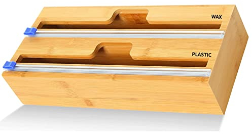 YDFYX Folienschneider,Frischhaltefolie abroller, Folienspender ​Aus Bambus Frischhaltefolie, Wachspapierrolle Bambusholz Organizer Für Küchenschublade (2 Steckplatz)