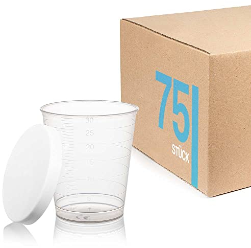 Tuuters 75 Medikamentenbecher, 30ml – bruchsicher, Schnapsbecher, Medizinbecher (Transparent + Deckel)