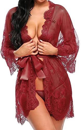 Tuopuda negligé dam sexiga underkläder babydoll-nattkläder, klänning V-ringad, nattlinne spets, nattklänning, kimono, morgonrock, set, sexiga underkläder, kort rock med G-string bälte, Vinröd, L