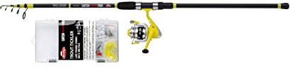Berkley Catch More Fish Trout Tele Combo, Angelrute und Rolle Combo, vielseitige Spinnrolle vorgespult mit Mono, Tackle Box mit Ködern & Zubehör, Raubfischangeln, Forelle, schwarz, 2,1m | 5-20g